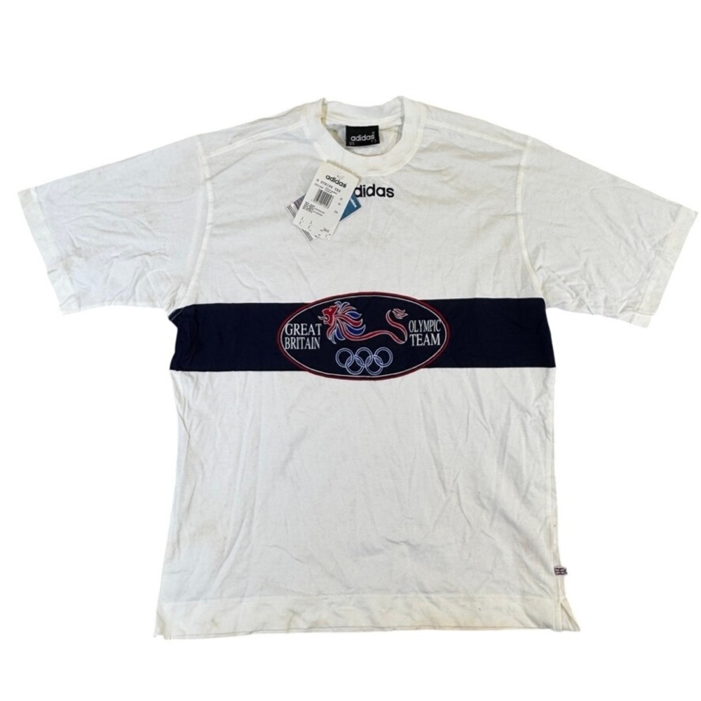 Vintage Adidas 1996 Great Britain Olympic Team T-Shirt White Navy NWT 094466